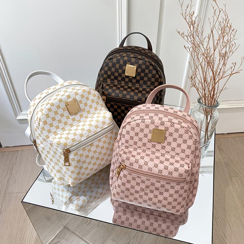 Geometric Pattern Zipper Backpack with Adjustable Strap