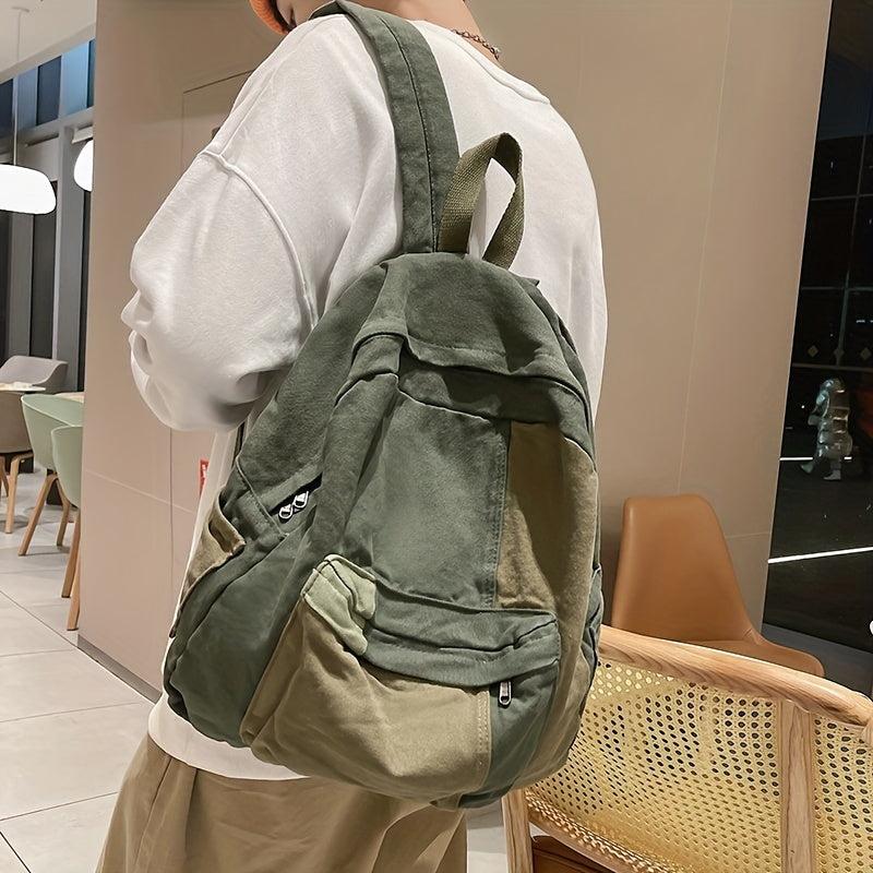 Casual Patchwork Canvas Backpack Large Capacity Student Travel Backpack