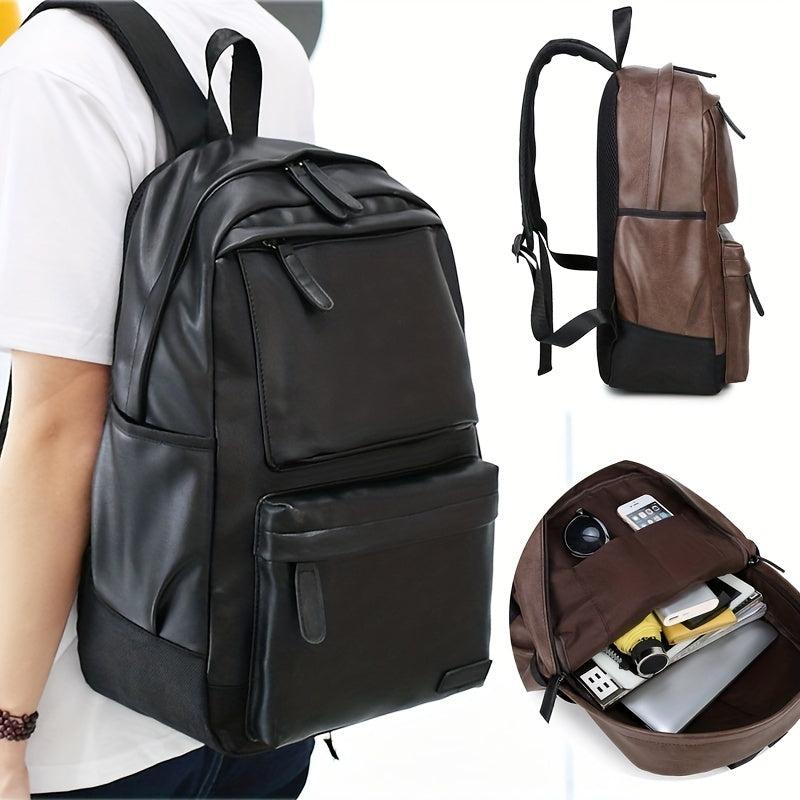 Men PU Leather Backpack Large Capacity Travel Bag Laptop Notebook