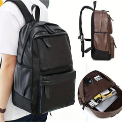 Men PU Leather Backpack Large Capacity Travel Bag Laptop Notebook