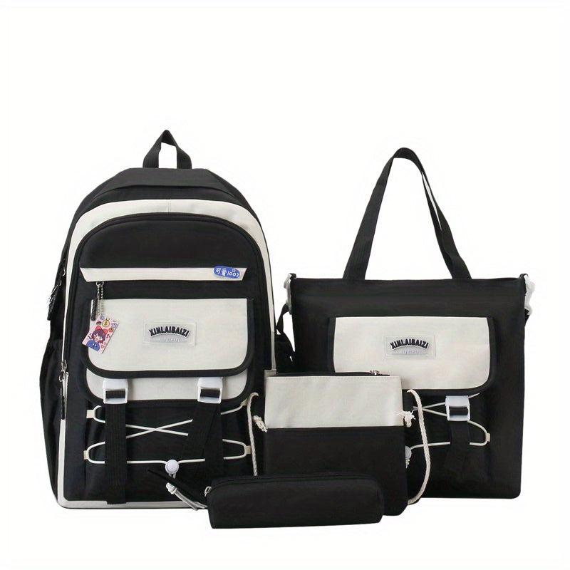 Casual Block Backpack Set With Badges, Lightweight Schoolbag