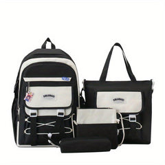 Casual Block Backpack Set With Badges, Lightweight Schoolbag