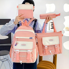 Casual Block Backpack Set With Badges, Lightweight Schoolbag