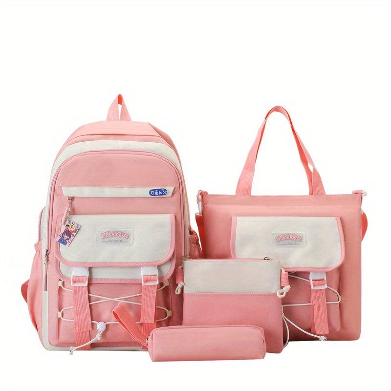 Casual Block Backpack Set With Badges, Lightweight Schoolbag