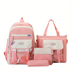 Casual Block Backpack Set With Badges, Lightweight Schoolbag