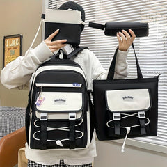 Casual Block Backpack Set With Badges, Lightweight Schoolbag