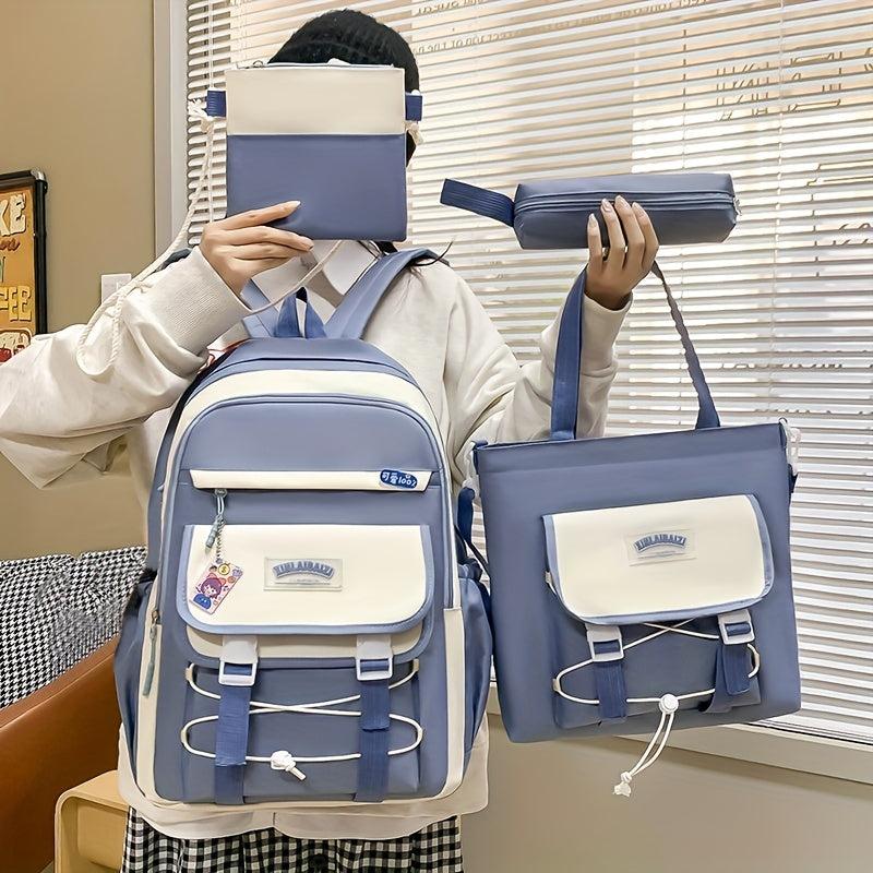 Casual Block Backpack Set With Badges, Lightweight Schoolbag