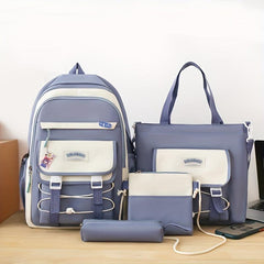 Casual Block Backpack Set With Badges, Lightweight Schoolbag