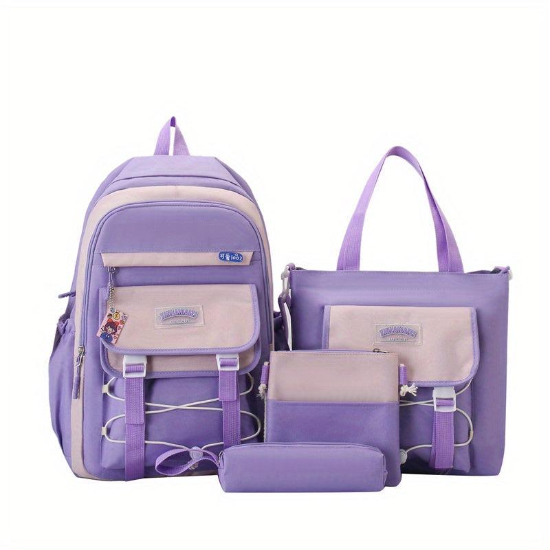Casual Block Backpack Set With Badges, Lightweight Schoolbag