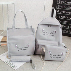 4pcs Kitten Ears Backpack Set - Schoolbag & Crossbody Bag - Cat Lover Design