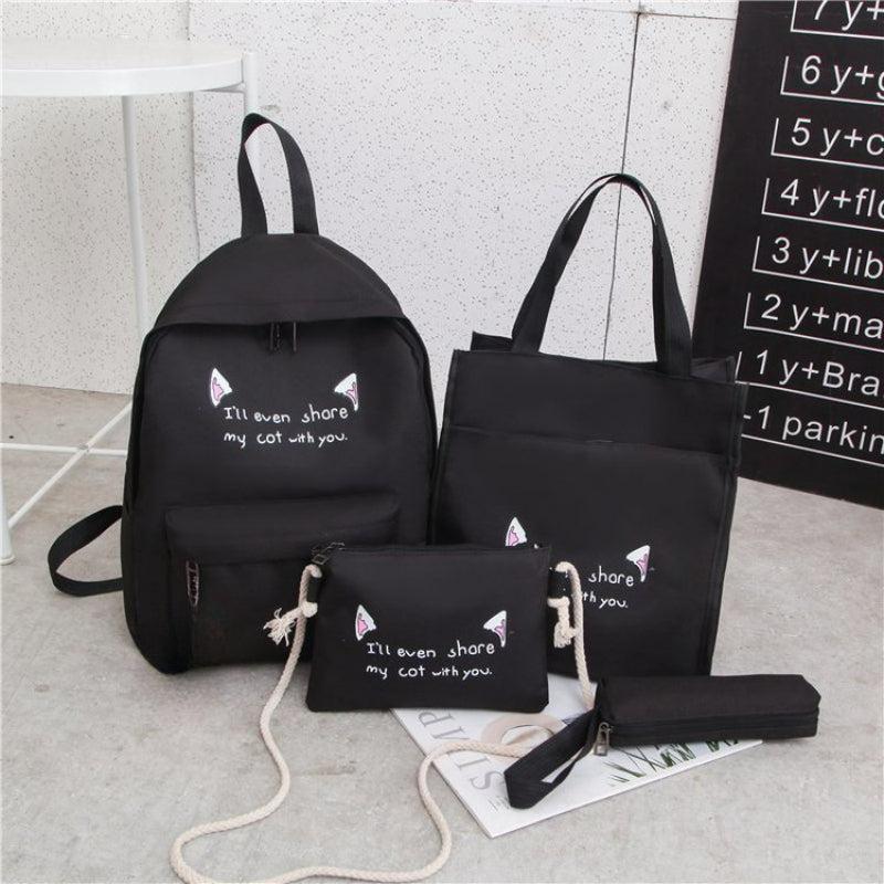 4pcs Kitten Ears Backpack Set - Schoolbag & Crossbody Bag - Cat Lover Design