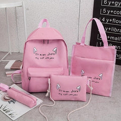 4pcs Kitten Ears Backpack Set - Schoolbag & Crossbody Bag - Cat Lover Design