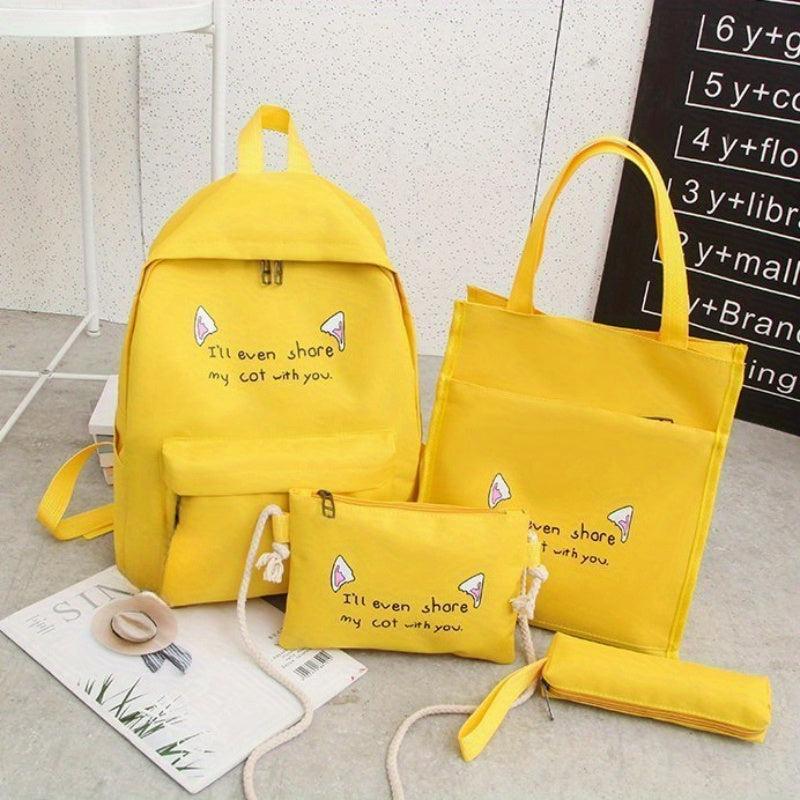 4pcs Kitten Ears Backpack Set - Schoolbag & Crossbody Bag - Cat Lover Design