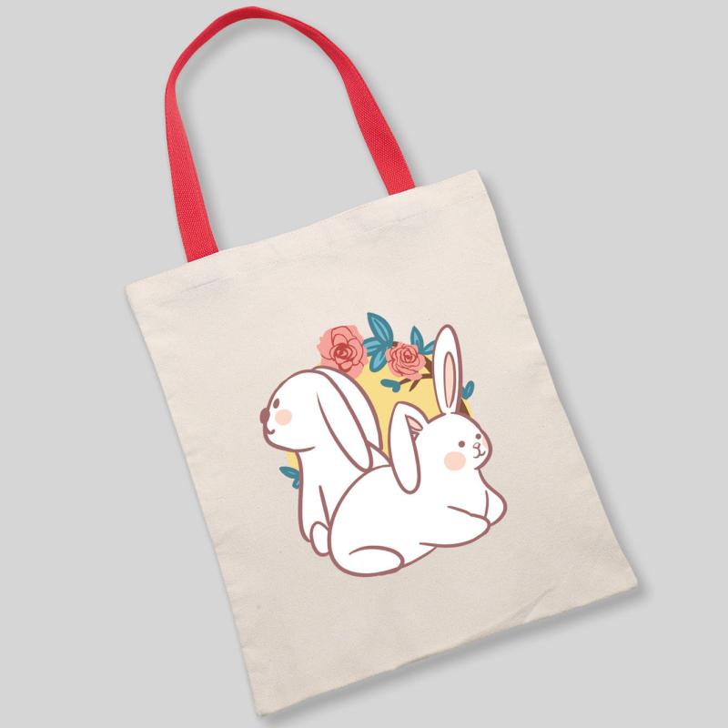 Rabbit Flower Canvas Shoulder Bag Reusable Eco Friendly Shopping Tote