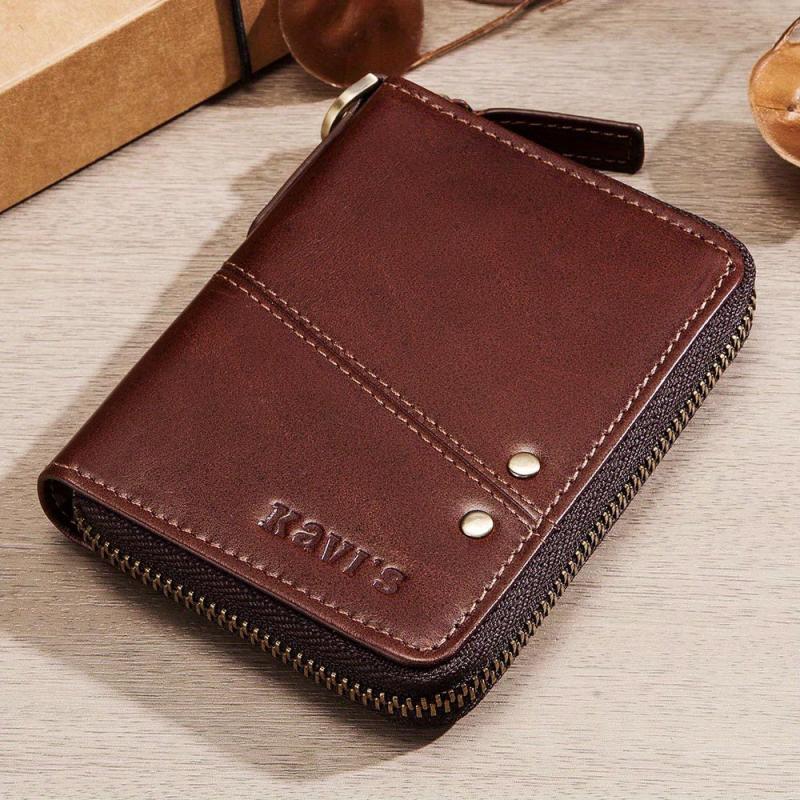 KAVIS Men's Vintage Leather Wallet Zipper Short RFID Blocking