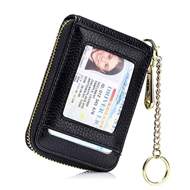 RFID Blocking Card Holder Case Leather Zipper Wallet w/ Keychain & ID Window