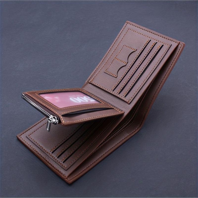 Men's Business PU Leather Short Wallet Zipper Card Slots Money Clip