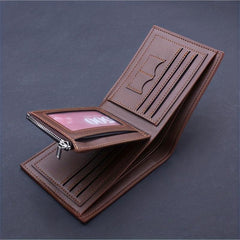 Men's Business PU Leather Short Wallet Zipper Card Slots Money Clip
