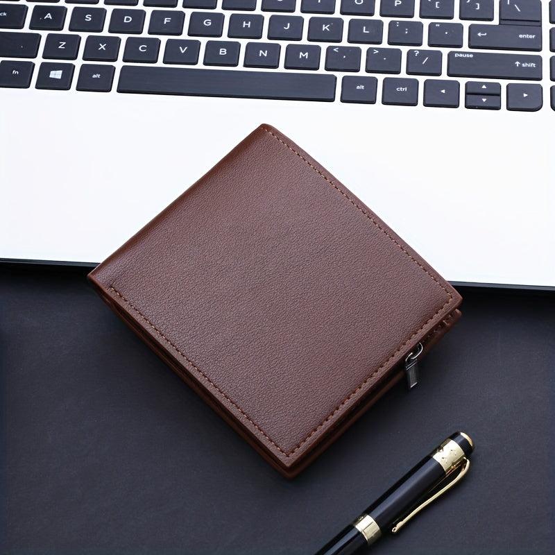 Men's Business PU Leather Short Wallet Zipper Card Slots Money Clip