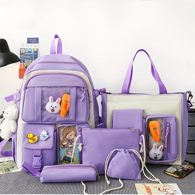 5pcs Cartoon Backpack Crossbody Handbag Set - High School Students