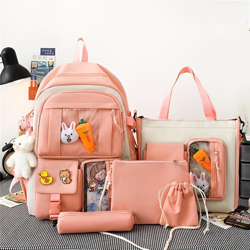 5pcs Cartoon Backpack Crossbody Handbag Set - High School Students