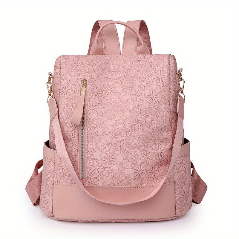 Floral Pattern Backpack Casual School Travel Bag Solid PU Leather Bag