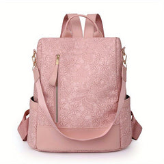 Floral Pattern Backpack Casual School Travel Bag Solid PU Leather Bag