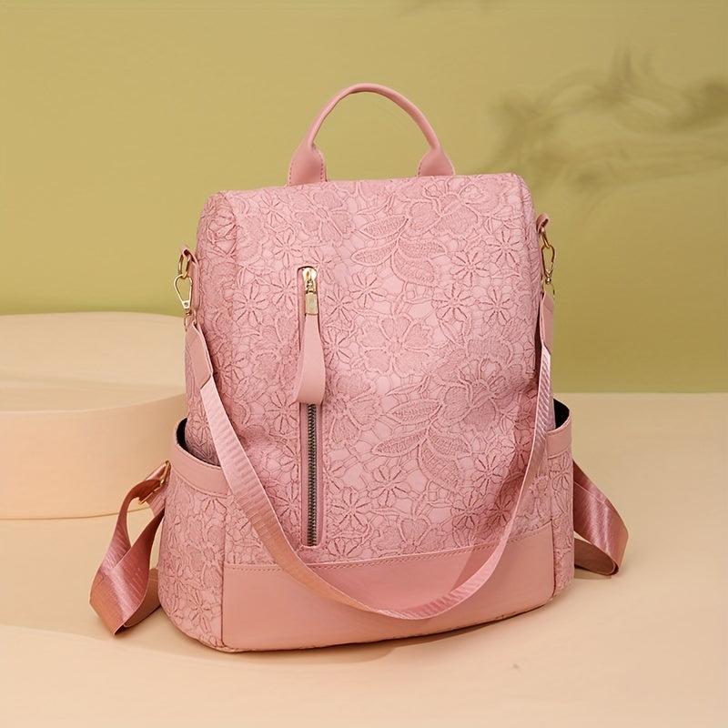 Floral Pattern Backpack Casual School Travel Bag Solid PU Leather Bag