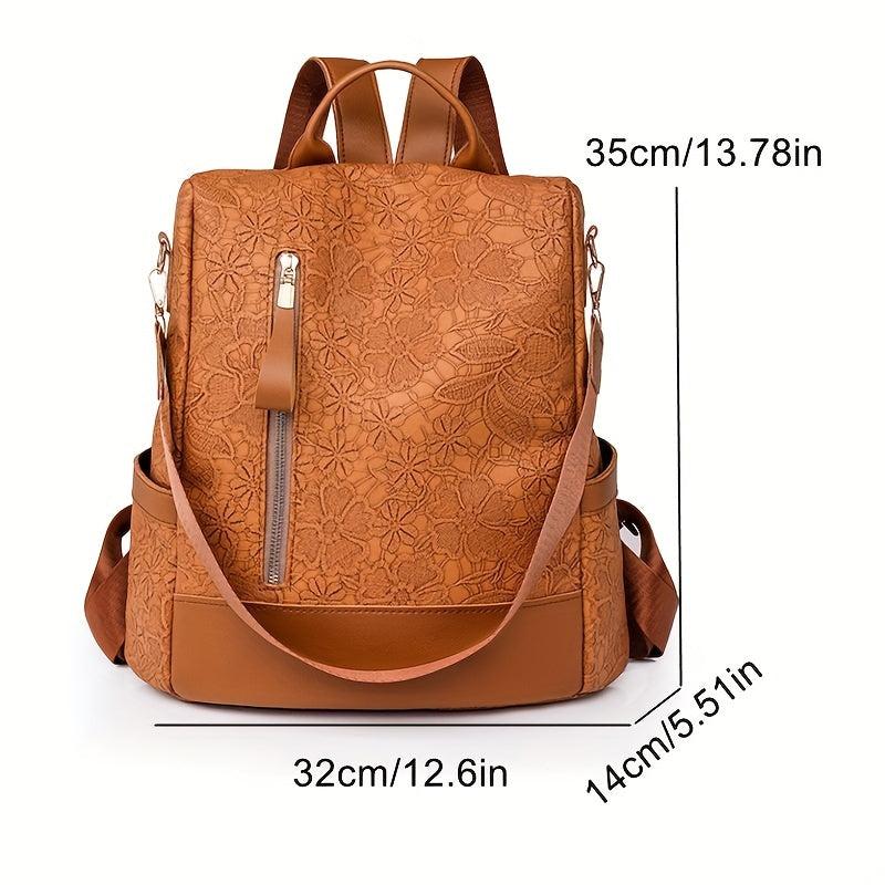 Floral Pattern Backpack Casual School Travel Bag Solid PU Leather Bag