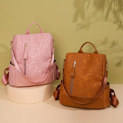 Floral Pattern Backpack Casual School Travel Bag Solid PU Leather Bag