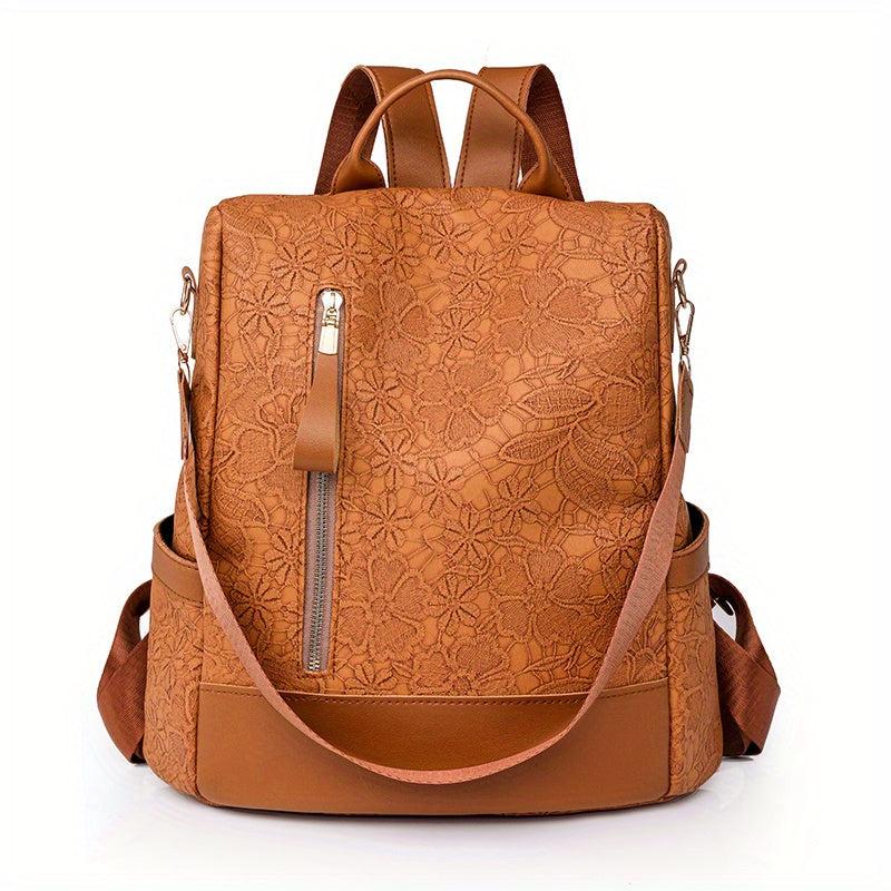 Floral Pattern Backpack Casual School Travel Bag Solid PU Leather Bag