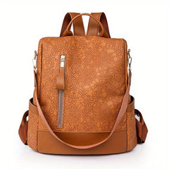 Floral Pattern Backpack Casual School Travel Bag Solid PU Leather Bag