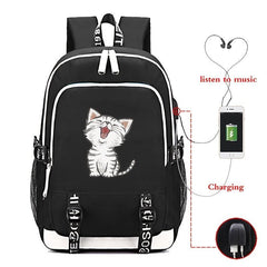 Cartoon Cat Printed USB Backpack