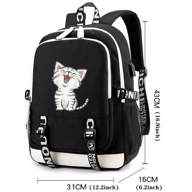 Cartoon Cat Printed USB Backpack