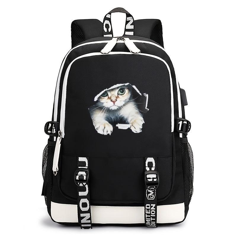 Cartoon Cat Printed USB Backpack
