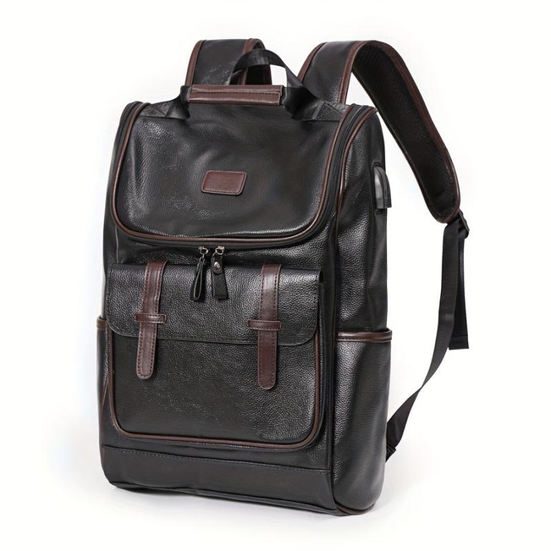 USB Charging PU Leather Backpack Outdoor School Bag