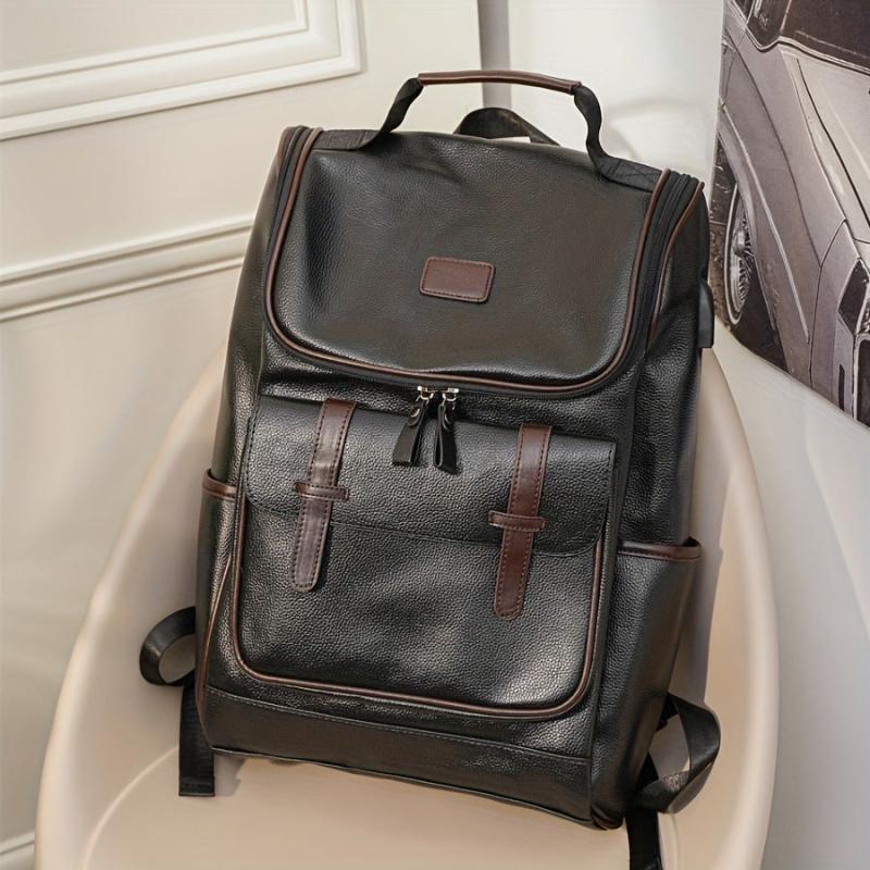 USB Charging PU Leather Backpack Outdoor School Bag