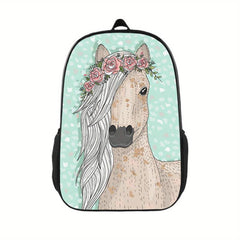 Vintage Floral Horses Print Backpack Casual School Bag