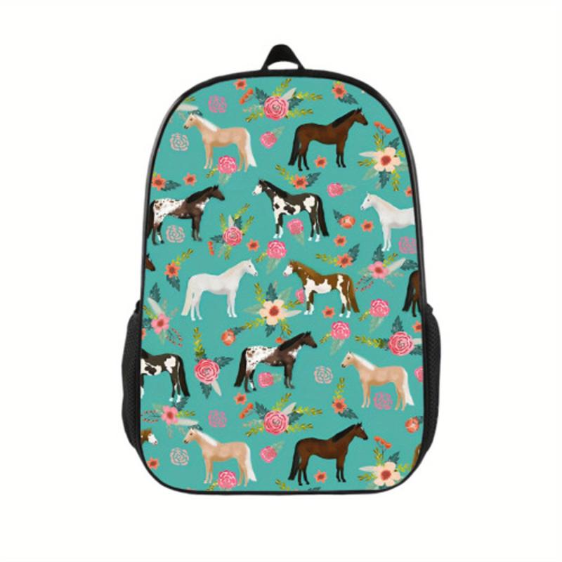 Vintage Floral Horses Print Backpack Casual School Bag