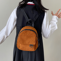 Corduroy Small Backpack Retro Solid Brown Women's Double Shoulder Bag