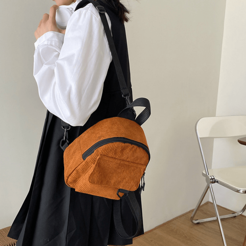 Corduroy Small Backpack Retro Solid Brown Women's Double Shoulder Bag