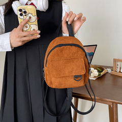 Corduroy Small Backpack Retro Solid Brown Women's Double Shoulder Bag