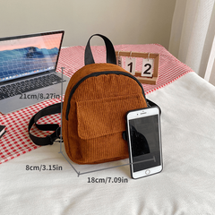 Corduroy Small Backpack Retro Solid Brown Women's Double Shoulder Bag