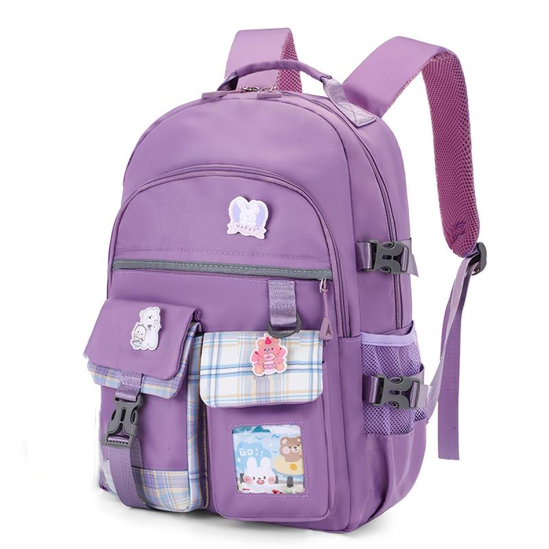 Ultralight Plaid Pattern Backpack with Badges for Girls