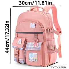 Ultralight Plaid Pattern Backpack with Badges for Girls