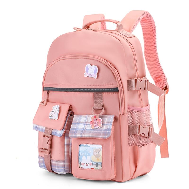 Ultralight Plaid Pattern Backpack with Badges for Girls
