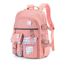 Ultralight Plaid Pattern Backpack with Badges for Girls