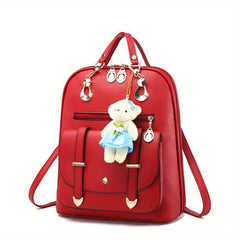 Women's Backpack with Bear Pendant, Large Capacity Casual Shoulder Bag