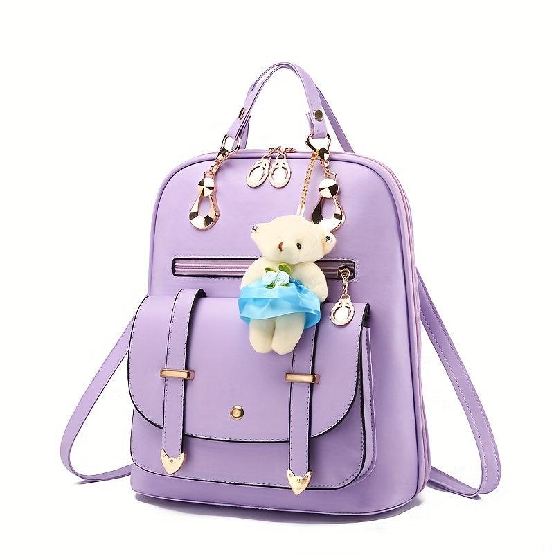 Women's Backpack with Bear Pendant, Large Capacity Casual Shoulder Bag