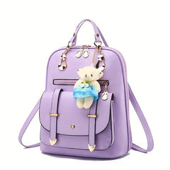 Women's Backpack with Bear Pendant, Large Capacity Casual Shoulder Bag